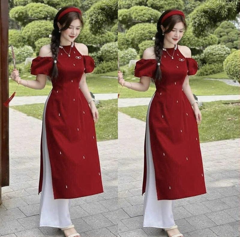 Áo dài nhung cổ yếm đính hạt cườm thiết kế hở vai tay búp bo chun kèm quần phi lụa trẻ trung thanh lịch