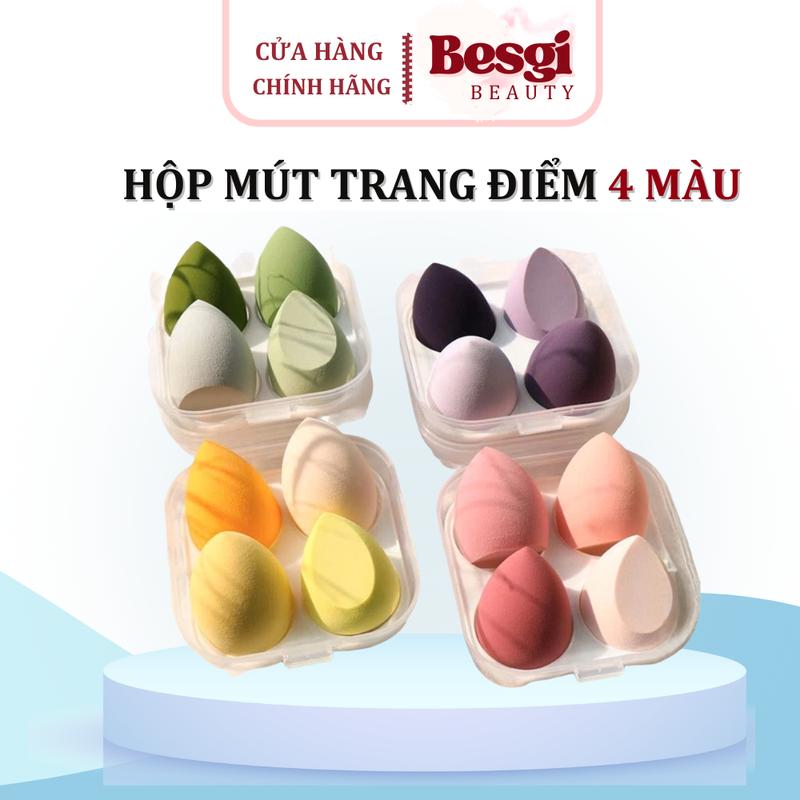 Hộp 4 mút trang điểm tông màu Pastel hình giọt nước xinh xắn mút tán kem nền make up chuyên ngiệp Besgi Beauty Cosmetic