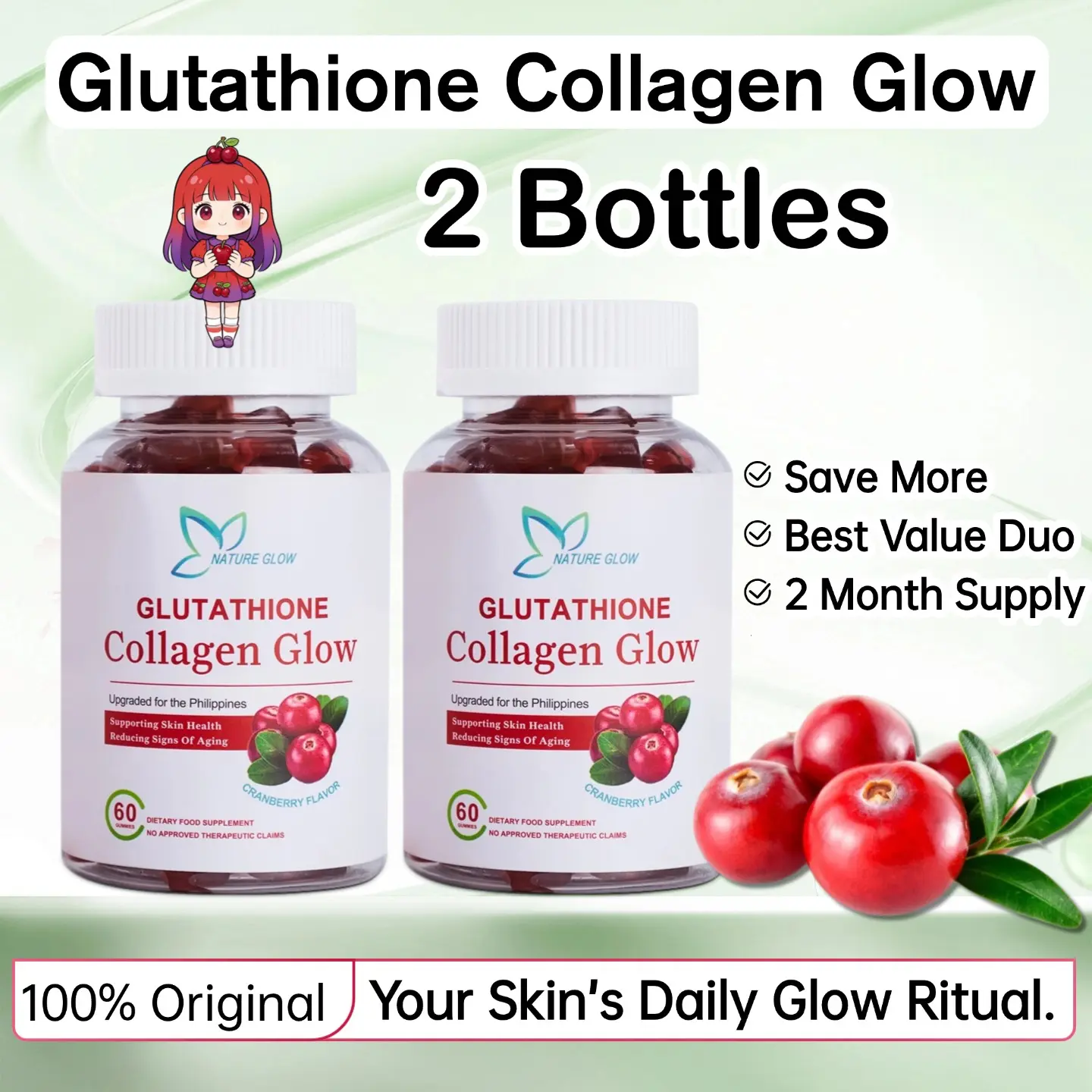 FDA Approved】Nature Glow Glutathione Collagen Glow 60PC Gummies Strawberry  & Cranberry Flavours Whitening Body, Brightens Skin Tone, Comfort Skin  Repair, Enhanced Skin Glowing, Skin Beauty & Overall Wellness Dietary  Supplement