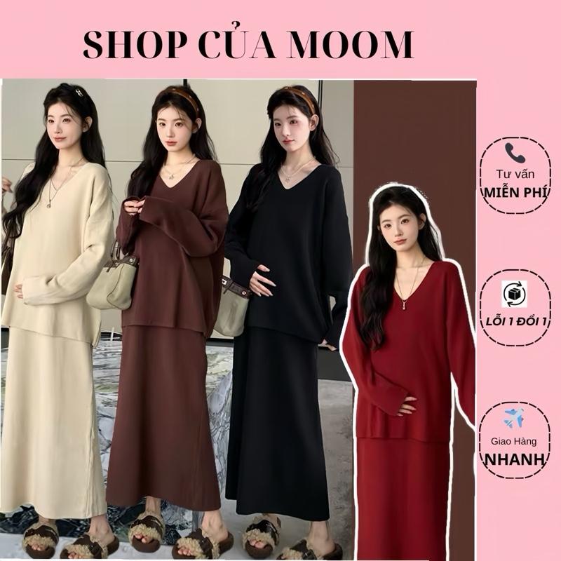 Nhà Moom Set bộ bầu Áo kèm Chân Váy Thu Đông chất Tăm Hàn mềm mại cho Mẹ Bầu