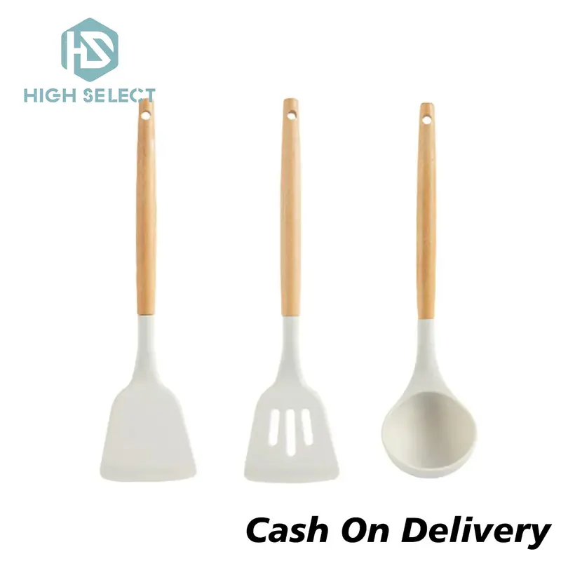 HIGH SELECT Set Peralatan Dapur Silikon Putih Alat Masak Peralatan Dapur Anti Lengket Kayu Kitchenware spatula 1