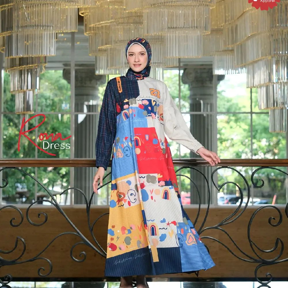 Rona Dress  By Giok Apparel - Gamis Printing Muslim Navy/ gamis Kondangan