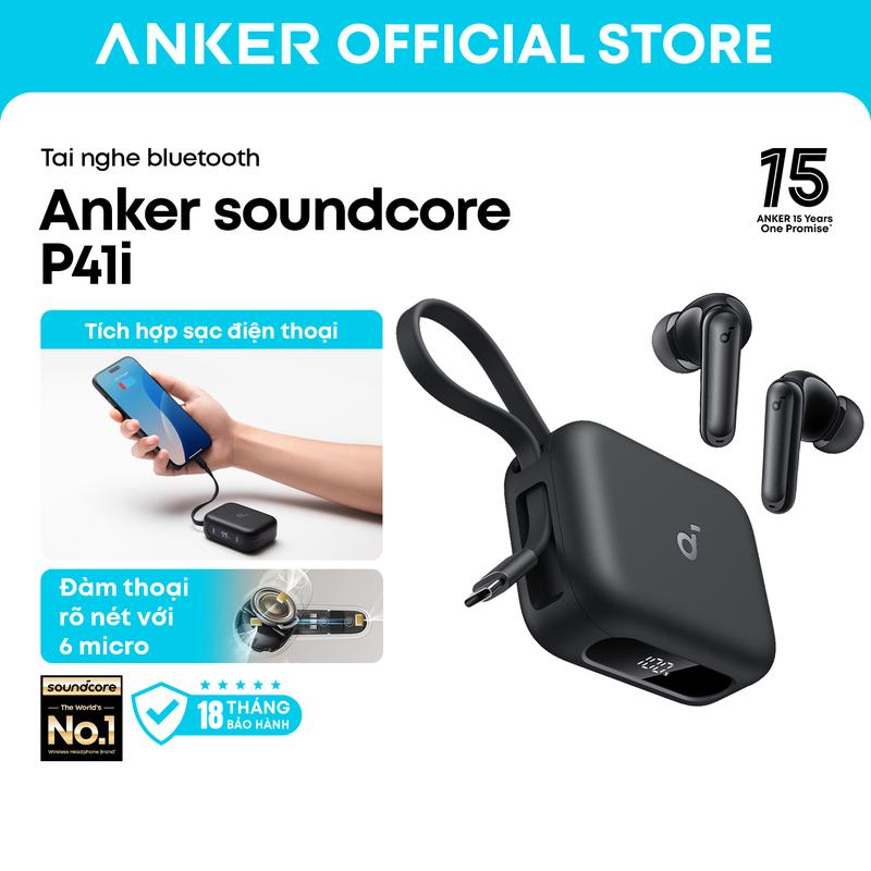 soundcore by Anker P41i, Tai Nghe Nhét Tai Nghe Khử Tiếng Ồn Thích Ứng, Khử Tiếng Ồn Thích Ứng, Với Bộ Sạc Điện Thoại Cầm Tay (Cáp USB-C Tích Hợp), Thời Lượng Pin 192 giờ, Âm Thanh Nhập Vai, Cuộc Gọi AI 6 Mic, Chống Nước IPX5