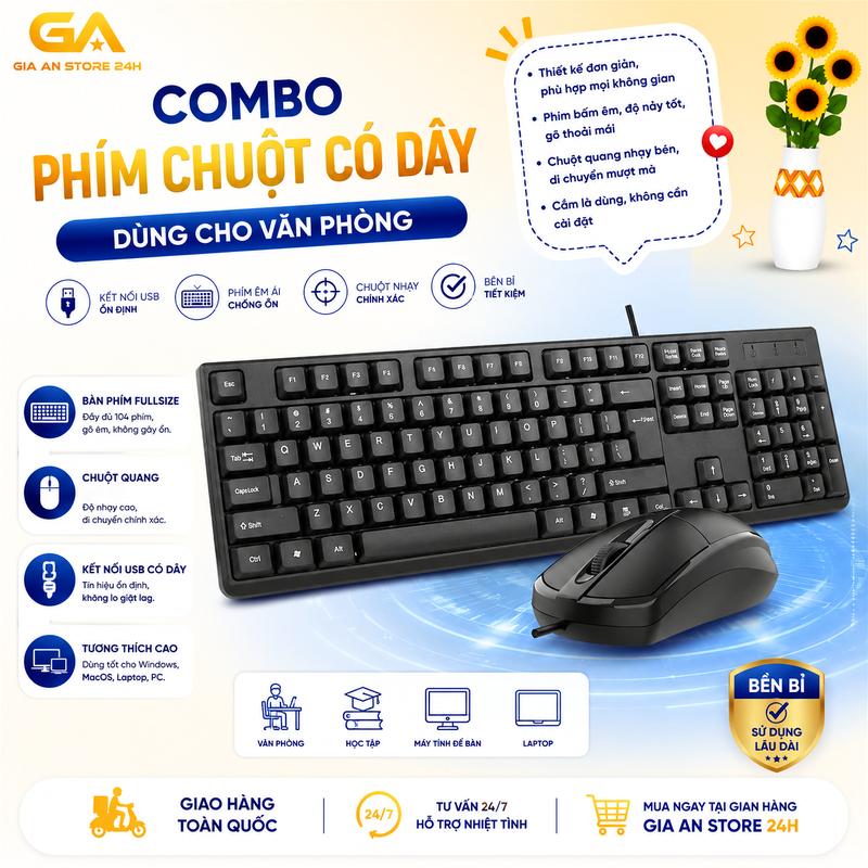 Combo Phím Chuột Có Dây USB Cho Văn Phòng - Bộ Bàn Phím Fullsize 104 Phím Kèm Chuột Dùng Cho PC Laptop