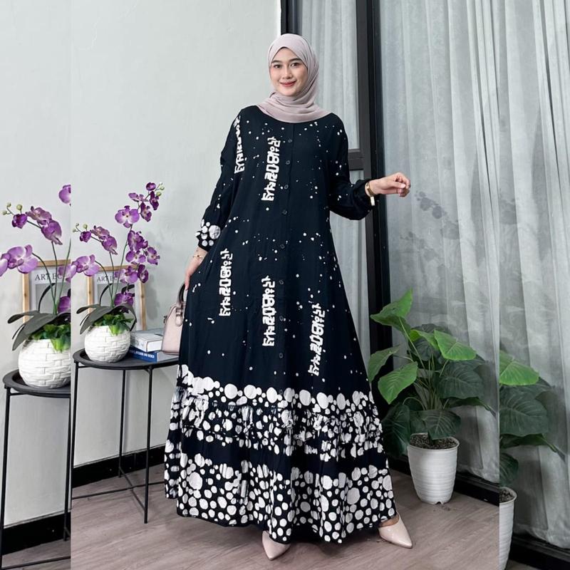 Naya Batik - Gamis Twill Ori Berkualitas Motif Batik Cap Malaman Bukan Sablon Busui Friendly Lengan Panjang Karet Model Tali Samping Full Kancing Dress Wanita Muslim Remaja Tanpa Rempel Nyaman Kain Rayon 1