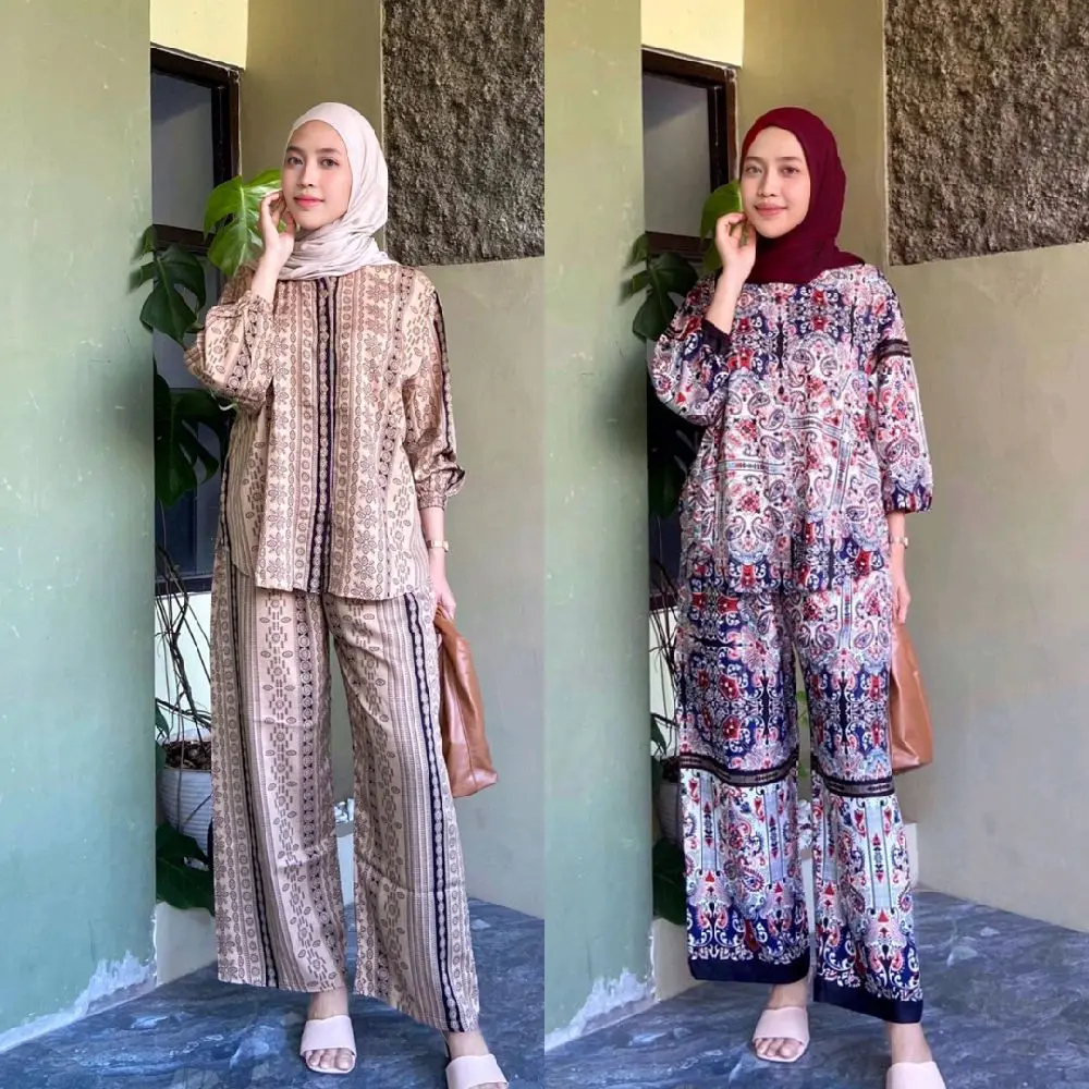 OneSet Kemeja Celana Setelan Baju Dan Celana panjang Kulot Rayon Motif One Set Wanita
