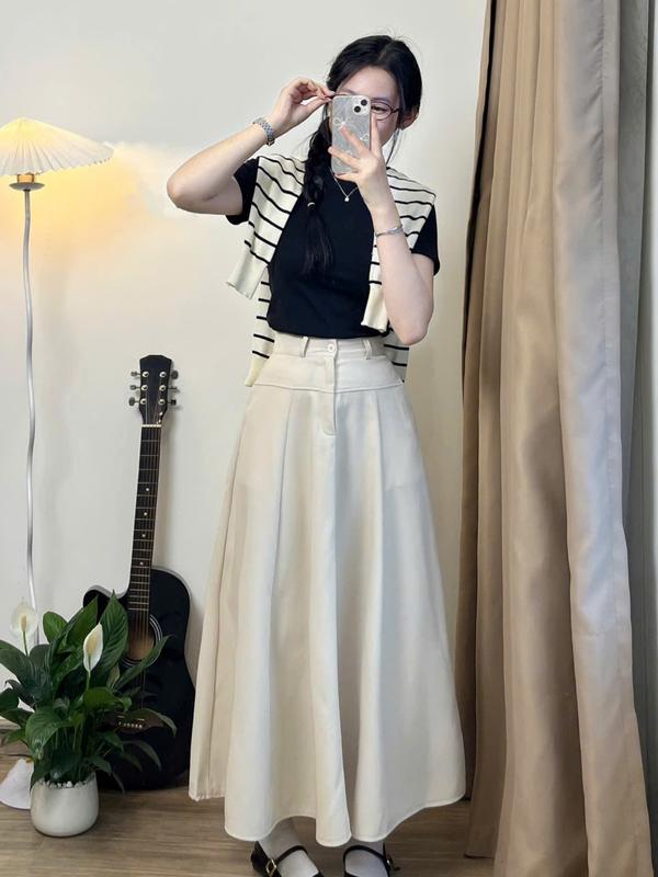 Chân váy midi ghép mảnh dáng dài 92-94cm có big size vải chéo Thái form đẹp.