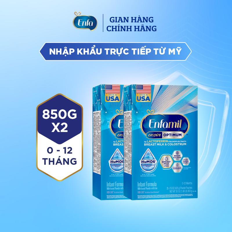 [Nhập khẩu từ Mỹ] Bộ 2 hộp sữa bột Enfamil Enspire Optimum 850g hỗ trợ đề kháng cho trẻ 0-12 tháng tuổi (hộp 2 túi thiếc 425g)