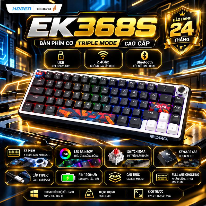 BÀN PHÍM CƠ KHÔNG DÂY CAO CẤP EDRA EK368S (TRIPLE MODE) PIN KHỦNG 1900mAH | LED RAINBOW SỐNG ĐỘNG | 67 PHÍM + NÚT XOAY KIM LOẠI ĐIỀU CHỈNH ÂM THANH THUẬN TIỆN
