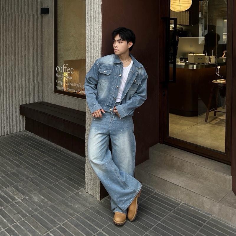 Quần Jean dài Áo khoác Wash ĐÍNH ĐÁ BLING FAFIC Studio ỐNG rộng unisex Hàn Quốc Quần BAGGY Jeans dáng suông jean Nam Nữ