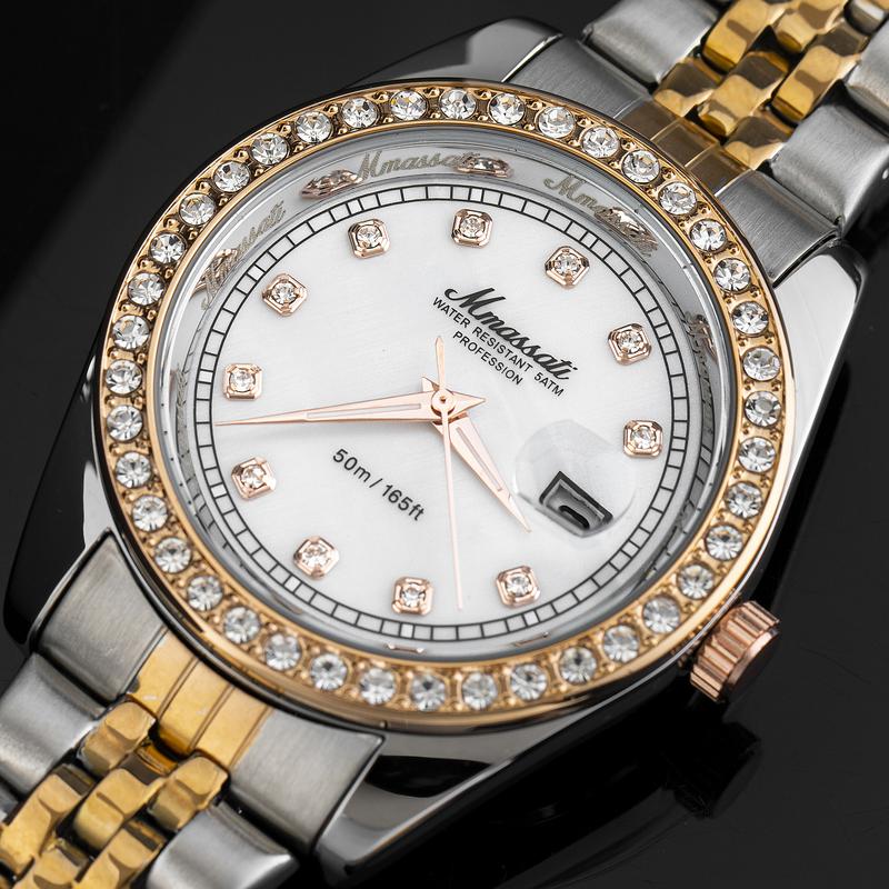    ĐỘC QUYỀN HÙNG LUXURY  .VN - N355 - Đồng hồ nam Mmasseti Quartz dây thép demi vàng hồng – Mặt khảm trai viền đá pha lê cao cấp 