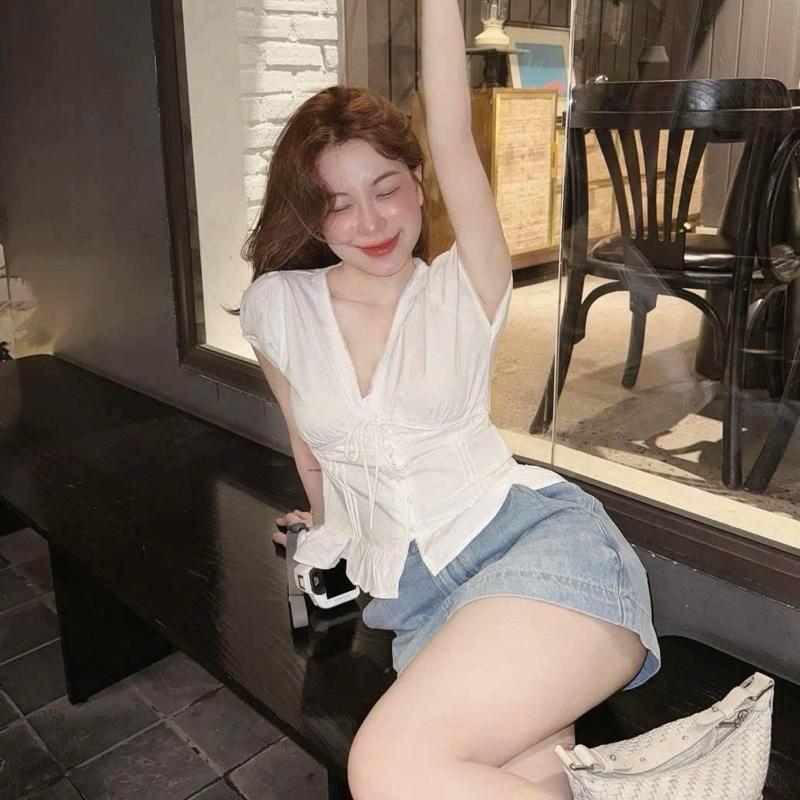 (SALE) Áo Cổ V Thắt Nơ V1 Cúc Bọc Dành Cho Nữ By Trang Mun K81