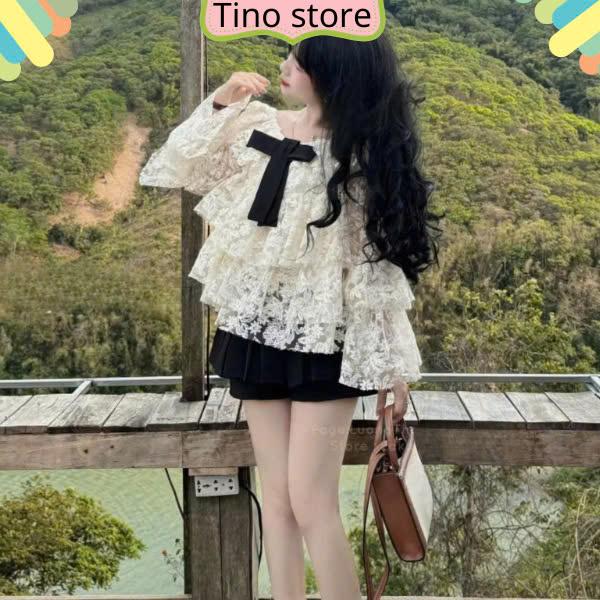 Sét bộ nữ áo ren có lót trong đính nơ mix với chân váy đen xòe bồng tiểu thư