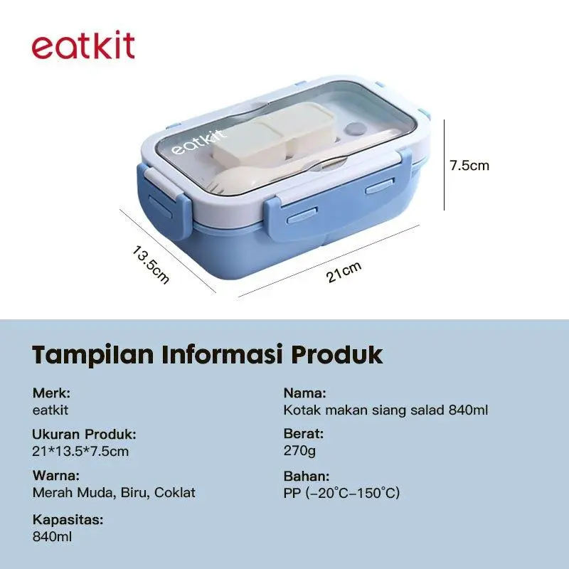 eatkit 3 in 1 Kotak Makan Set 840ml Desain Kompartemen Lunch Box Microwave Gratis Alat Makan Box Saus Kitchenware 8