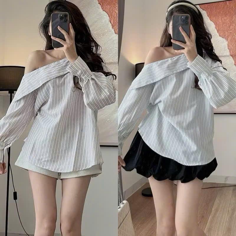 Áo sơ mi trễ vai kẻ sọc cúc tay tiểu thư sang chảnh (mẫu mới)