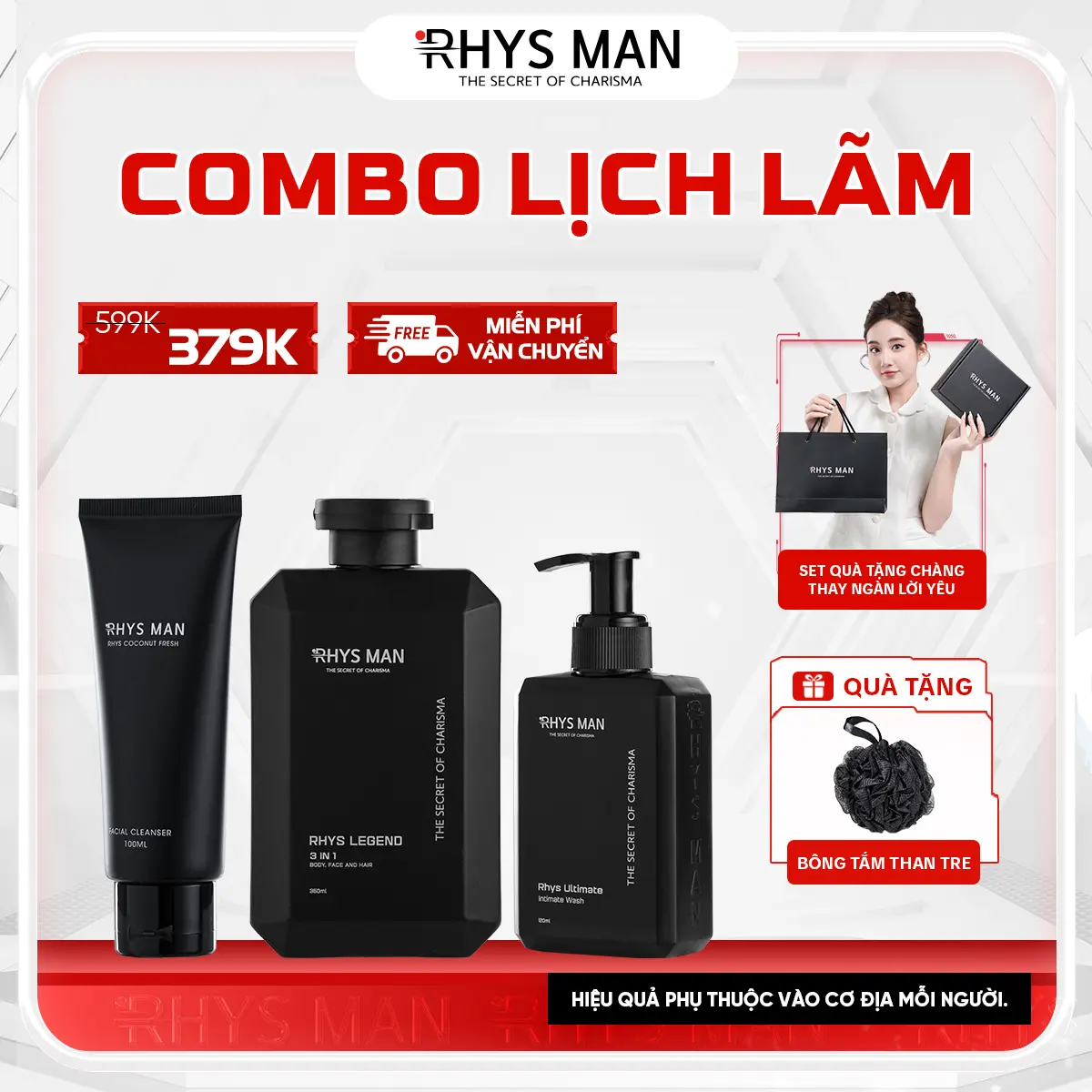 Combo Lịch Lãm RHYS MAN (Sữa tắm gội 350ml & Sữa rửa mặt hương dừa 100ml & Gel vệ sinh nam 120ml) | Tặng: 1 Set Hộp & Túi