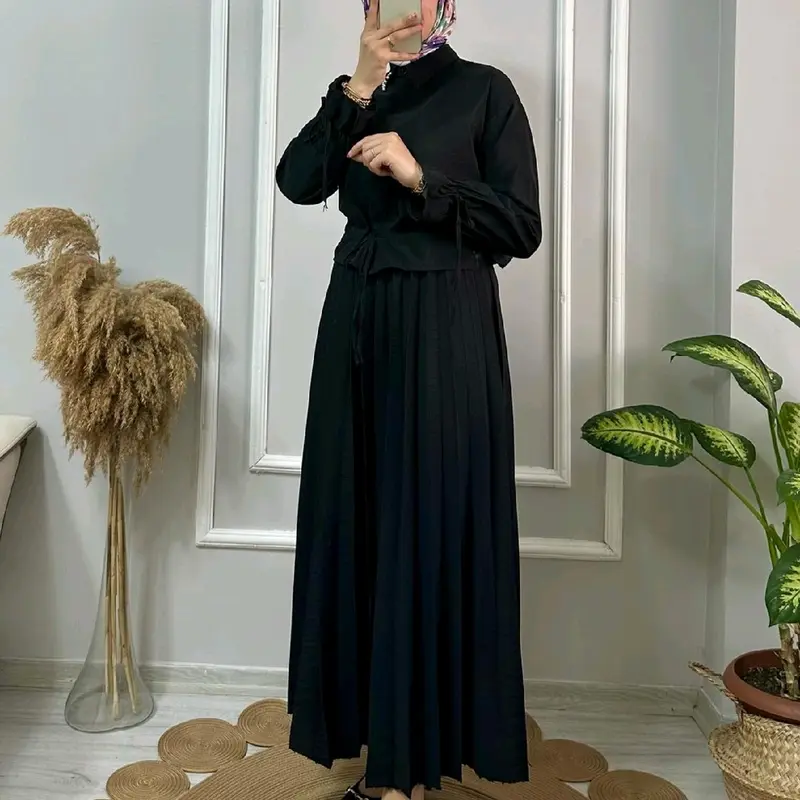 Jihan One Set Rok Plisket | Setelan Wanita Muslim Atasan Crop Rok Panjang Kulot Plisket Full Kancing Kerah Kemeja Crinkle Airflow Karet Melar 3