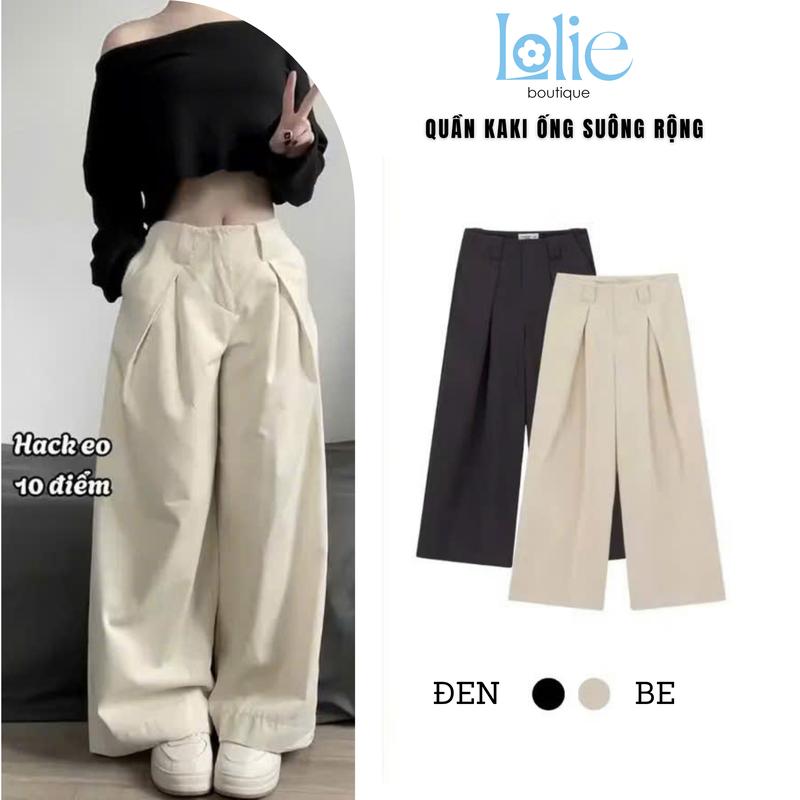 Quần Kaki Nữ Ống Rộng Xếp Ly Cạp Trễ Pretty Girl, Quần Kaki Nữ Basic Phong Cách Trẻ Trung