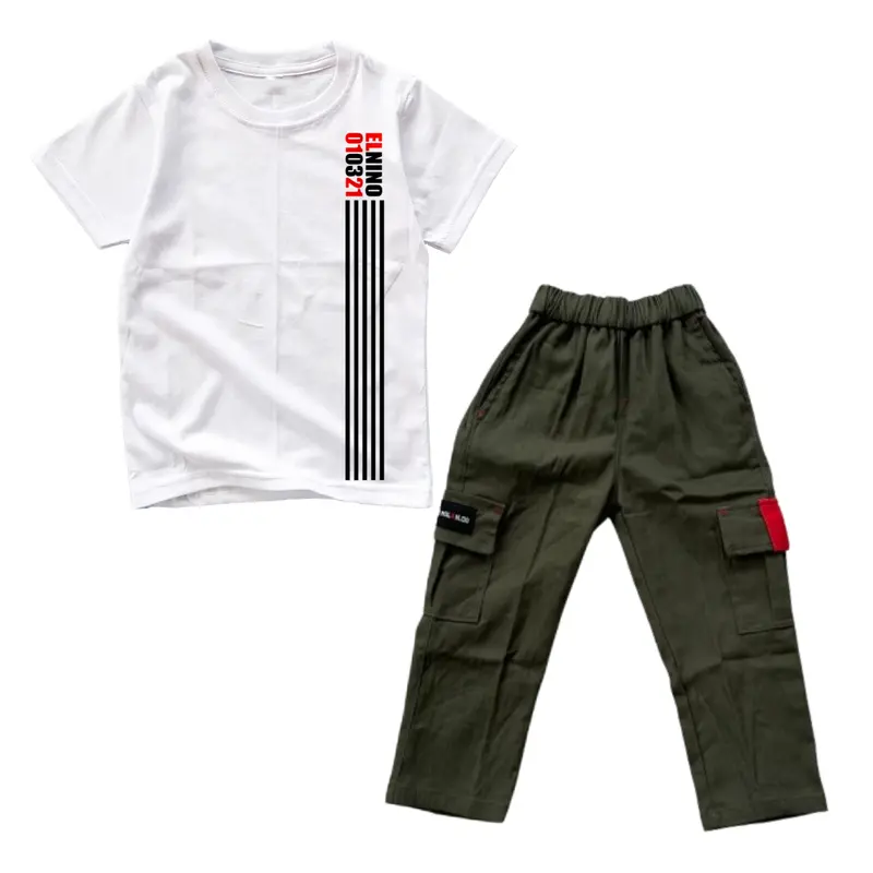 1 Set Pakaian Anak Cowok Kaos Distro Celana Cargo Panjang Bahan Katun Usia 3,5-12 Tahun 3