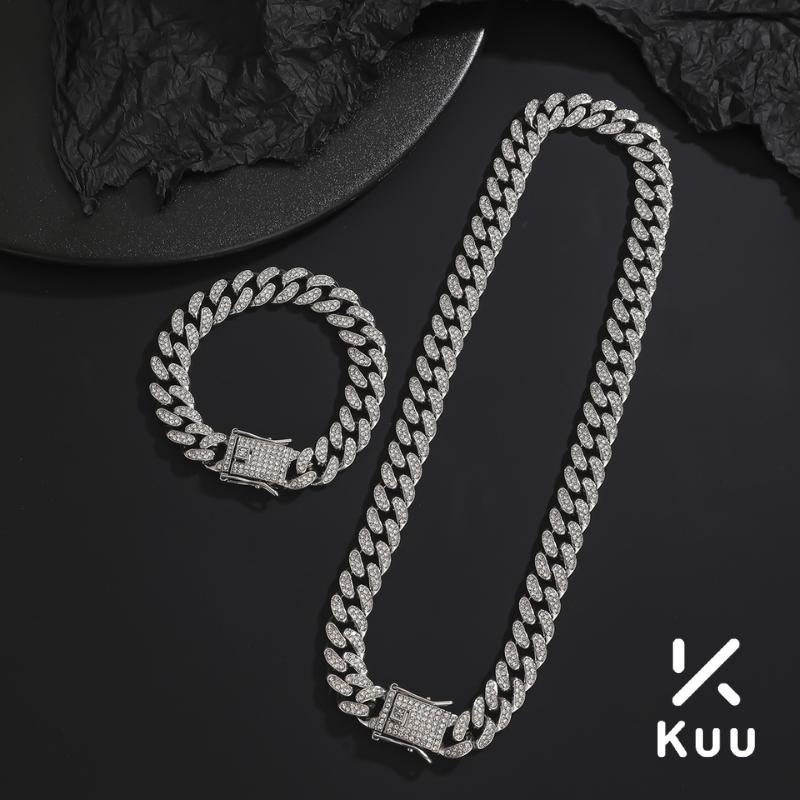 Bộ đôi Dây chuyền vòng tay cuban đính đá Kuu Clothes dạng chuỗi xích màu bạc Thép Titan Không Gỉ - VCCUBANDA + VTCUBANDA