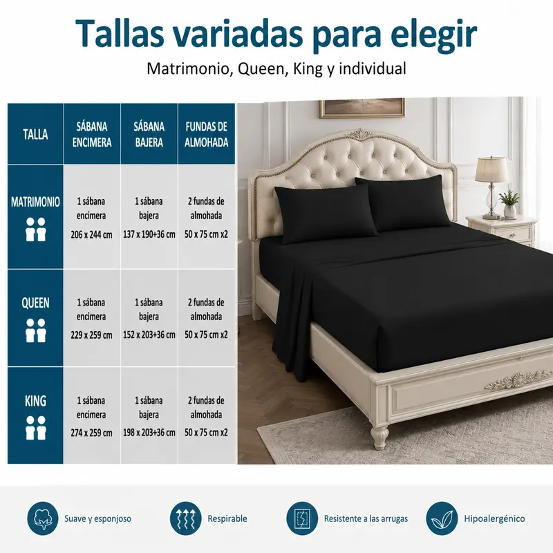 Juego de Sábanas de Poliéster Microfibra Ultra Suave Premium, Tamaños Matrimonial, Queen y King con Sábana de Cajón Ajustable - Foto 6