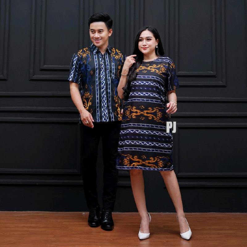 Baju Batik Couple Lengan Pendek Terbaru Motif Kopri Biru Pasangan Dewasa - Wanita Katun Dress Sarimbit 9