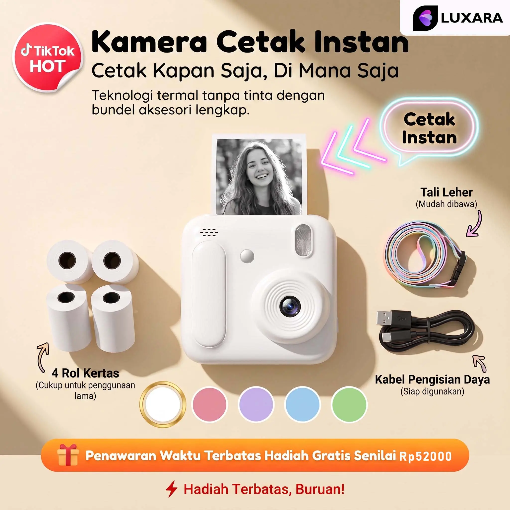 LU ARA Kamera Cetak n Anak 2.0" - 48MP & Video 1080P, Print Foto Ber rna & Hitam Putih, Baterai 1300mAh, Dilengkapi Game & Musik, Hadiah Liburan untuk Anak Peremp n & Laki-Laki - [Merah Muda Paket Hemat], +16GB Mem Card