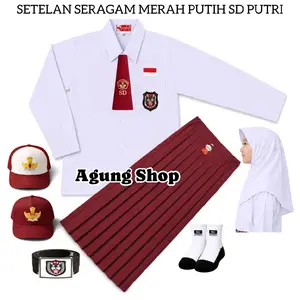 Setelan Seragam Sekolah SD Perempuan Merah Putih Baju Putih Lengan Panjang Rok Merah Panjang Bahan Oxford & Nagatex Fashion