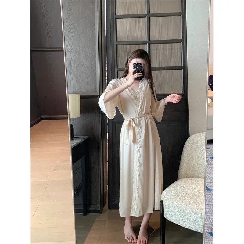 Set váy ngủ kèm choàng mặc nhà cổ V tay loe lụa mềm cho nữ - L0100 lụa sexy kèm choàng 6