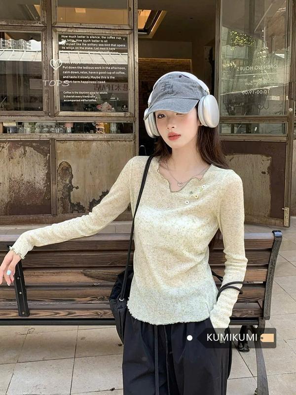 Áo Thun Dài Tay Thu Đông Chất Vải Len Dệt Cổ V, Áo Kiểu Uốn Sóng Điệu Đà Miho House