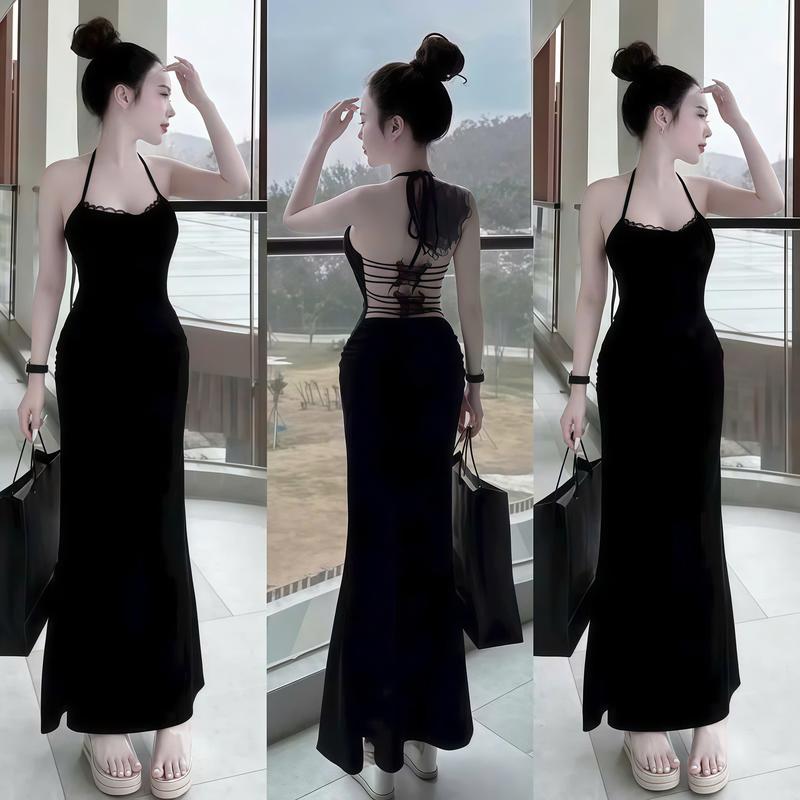  Đầm Body Dây Dáng Dài Đuôi Cá Sẵn Mút Hở Lưng Đan Dây Đính Hồ Điệp Gợi Cảm Sang Chảnh Thun Ladong Mềm Mịn Đầm Đi Tiệc_Đầm Xinh Tiệc Cưới Váy Body Váy Xinh 