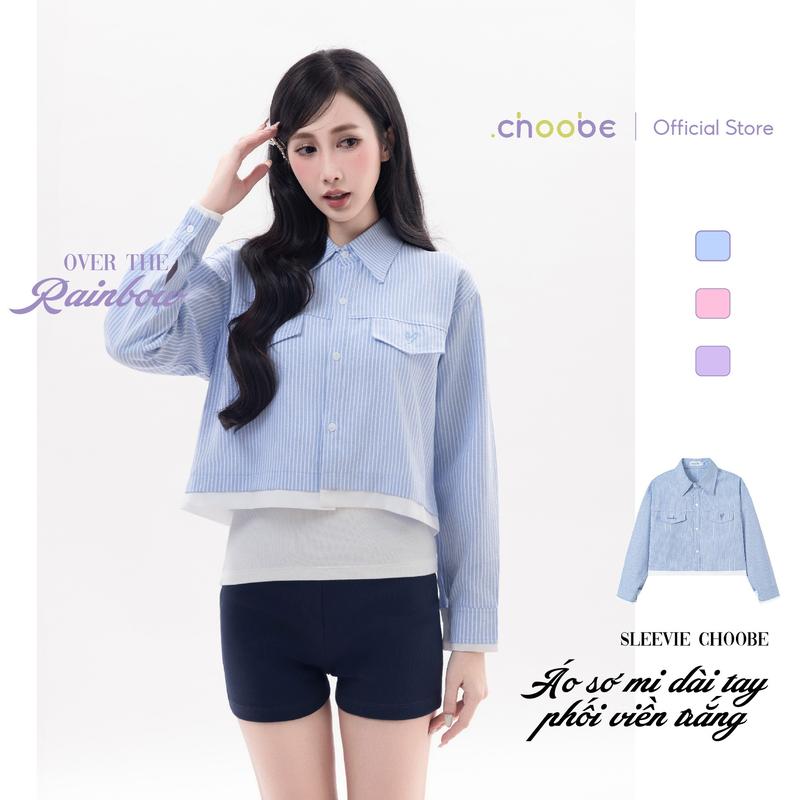    MỞ BÁN  Áo sơ mi nữ Sleevie Choobe dáng lửng phối viền trắng hoạ tiết kẻ sọc kèm hình thêu ASM10 