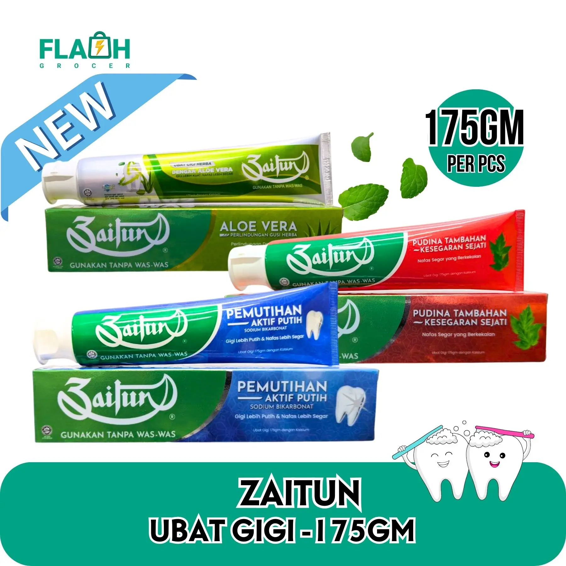 Zaitun Ubat Gigi Pudina Tambahan & Pemutihan & Aloe Vera 175gm [Value Pack Bundle] (Box Dented Can’t Be return) Putih White