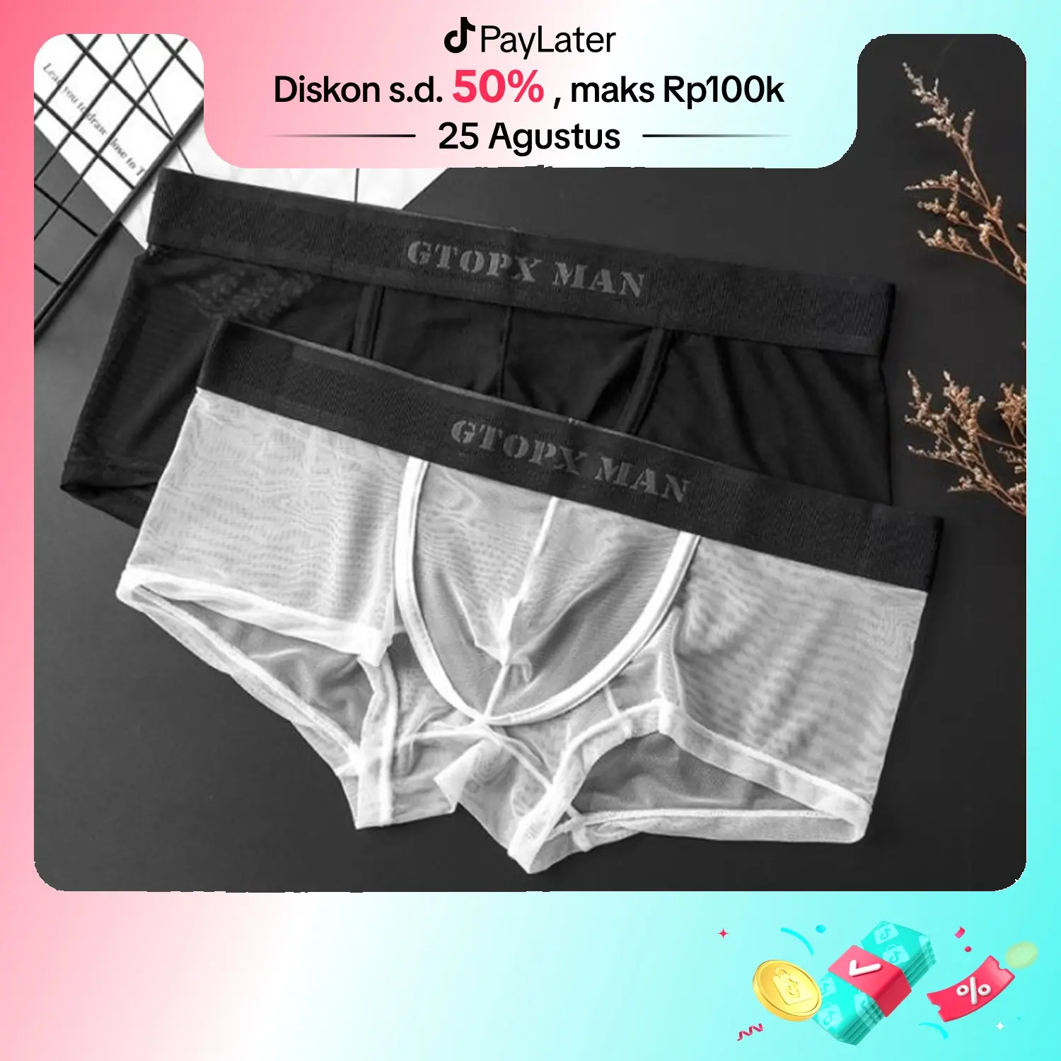 GTOPX Boxer pria transparan jaring Karet boxer berlubang