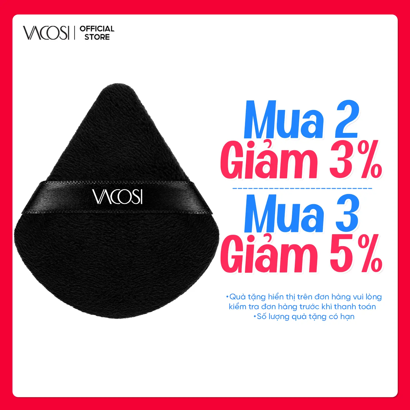 Bông Phấn Khô Tam Giác VACOSI, Đen, Mềm Mịn, Dịu Nhẹ Cho Da Nhạy Cảm, BP52
