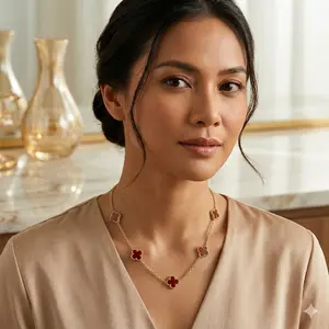 Kalung Clover Ruby Elegance Motif Semanggi Premium Luxury Jewelry Batu Merah Ruby Rantai Halus Cocok untuk Hadiah dan Daily Wear - Gold Perhiasan Elegan dan Mewah - Necklace