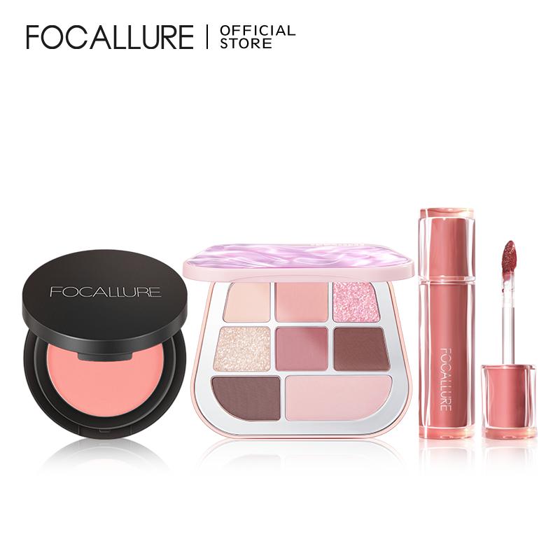 FOCALLURE Bộ 3 Món Trang Điểm Bảng Phấn Mắt 8 Màu + Son tint bóng lì + Phấn má hồng