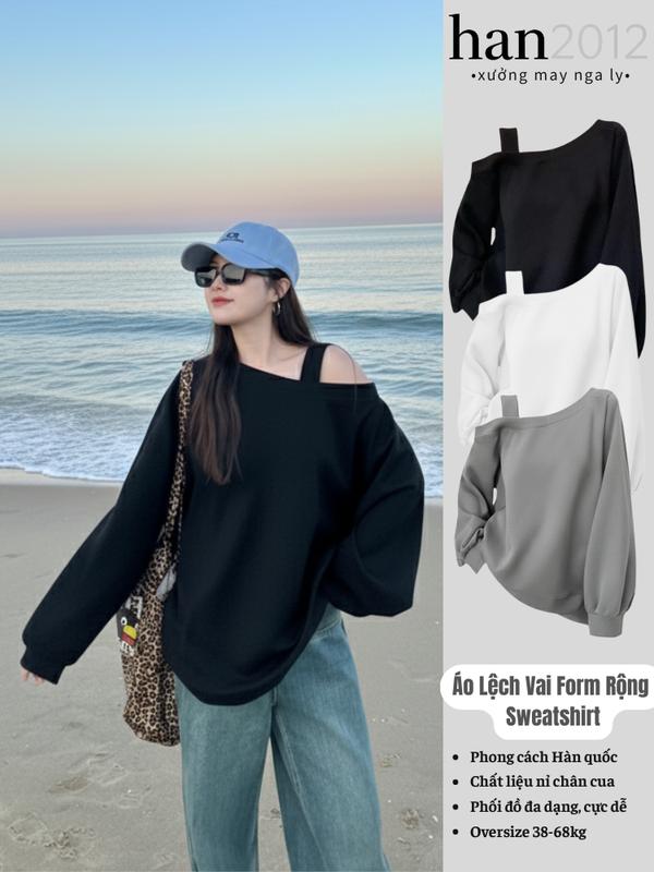 Áo Nỉ Lệch Vai Tay Dài Form Rộng HAN2012, Áo Sweatshirt Trễ Vai Có Quai Che Khuyết Điểm Style Ulzzang Hàn Quốc