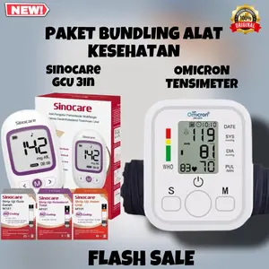 Paket Bundling 4 In 1 Tensimeter Digital Dan SINOCARE / SINOCARE 3 In 1  TANPA CHIP Mesin Alat Cek Gula Darah Kolestrol Asam Urat Cholestrol Glucose / Tensimeter Tensi Meter Pengukur Tekanan Blood Pressure Monitor Portable Digital Darah Alat LCD Besar