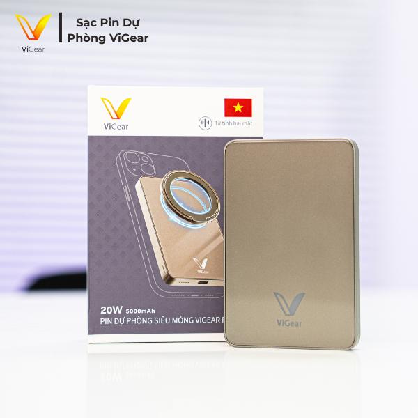 Pin Dự Phòng Siêu Mỏng Vigear P01 5000mAh – Sạc Nhanh 20W, Sạc 2 Mặt, Không Dây & Có Dây, Pin Lithium Polymer