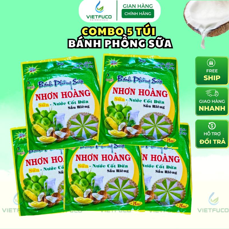 Combo 5 Túi Bánh Phồng Sữa Dừa Sầu Riêng Nhơn Hoàng   5 túi x 220g   
