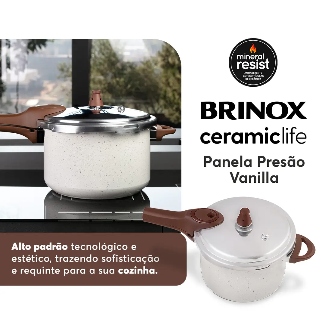 Panela de Pressão Indução Brinox Antiaderente Ceramic Life Pressure 6,8 Litros 24cm Vanilla