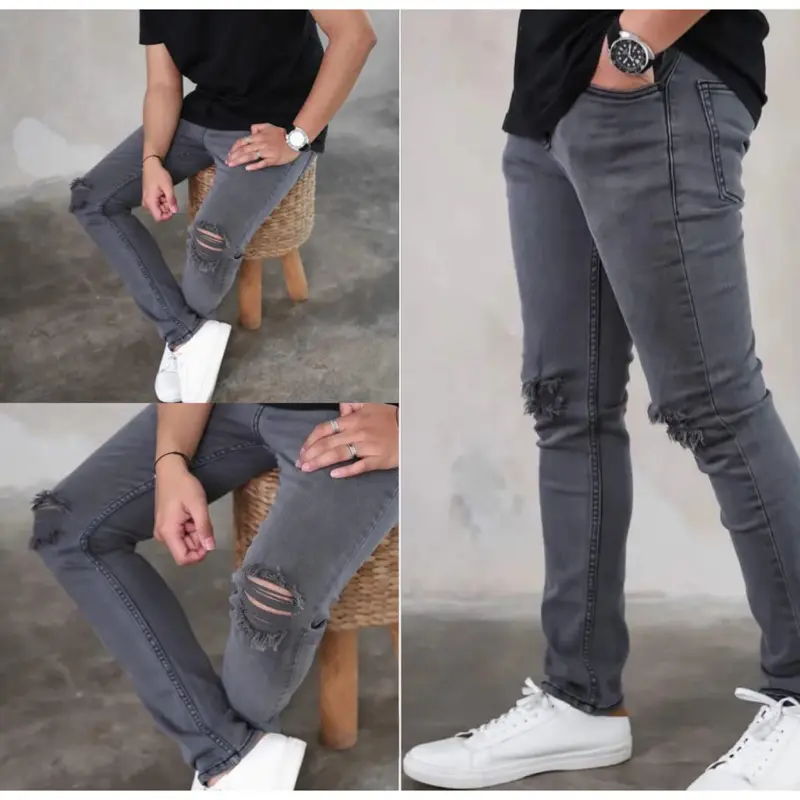 Celana Jeans Panjang Sobek Lutut Pria Dewasa Warna Abu Abu Pola Slimfit Bahan Tebal Dan Elastis