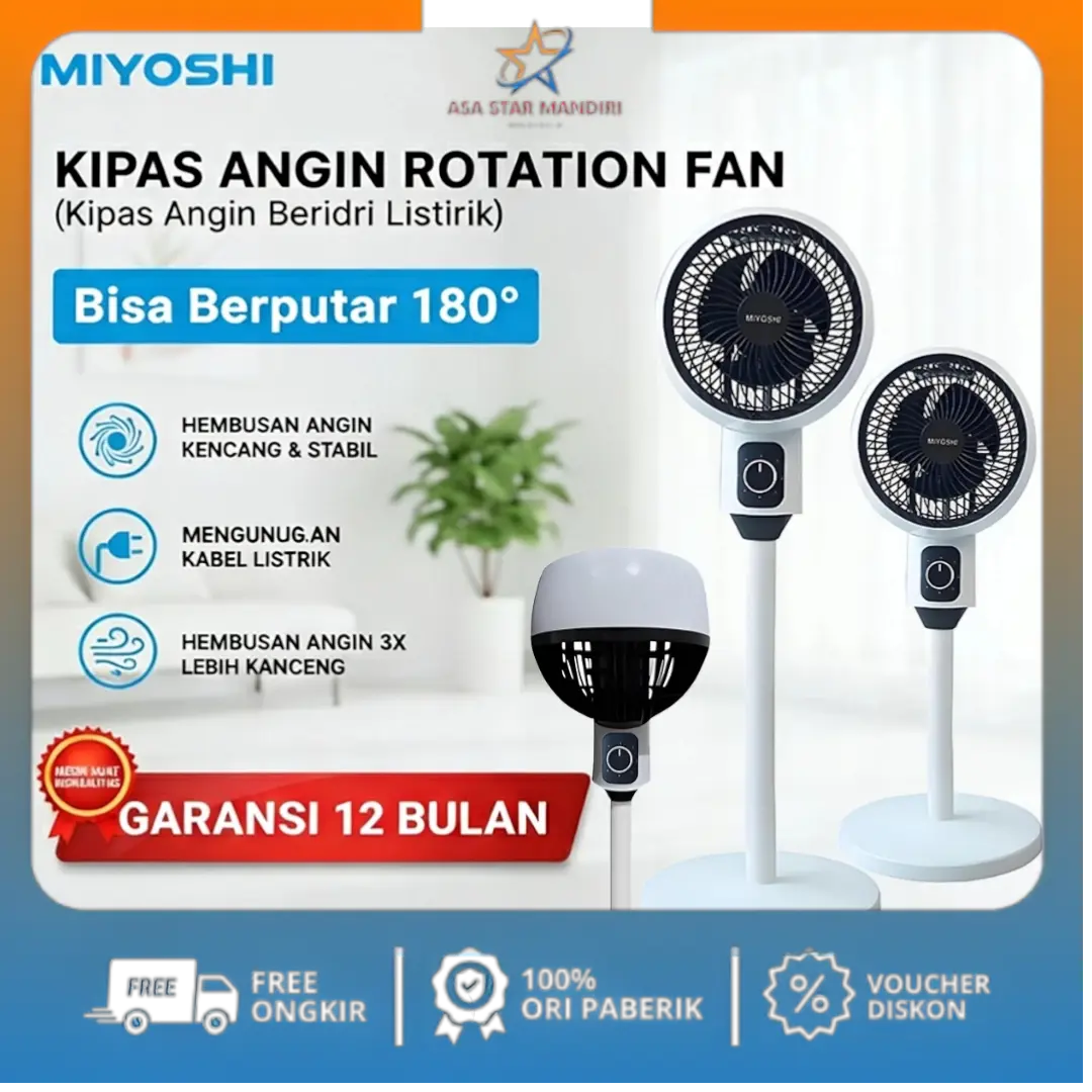 Miyoshi Kipas Angin Berdiri Rotation Fan 180° | Stand Fan 3 Kecepatan Angin Kuat | SNI, Hemat Listrik & Tidak Berisik | Stand Fan Miyoshi 1605 | Rotation Fan  M-816
