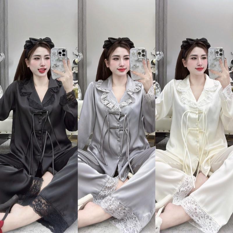 (Nút Thắt Cổ Bèo) Bộ Ngủ Nữ Lụa Latin Pyjama Trơn Ren Nút Thắt  Có Túi Quần