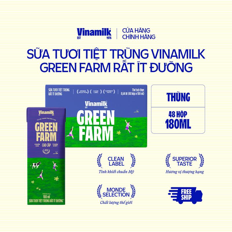 Thùng 48 hộp Sữa Tươi Tiệt Trùng Vinamilk Green Farm Rất ít đường 180ml
