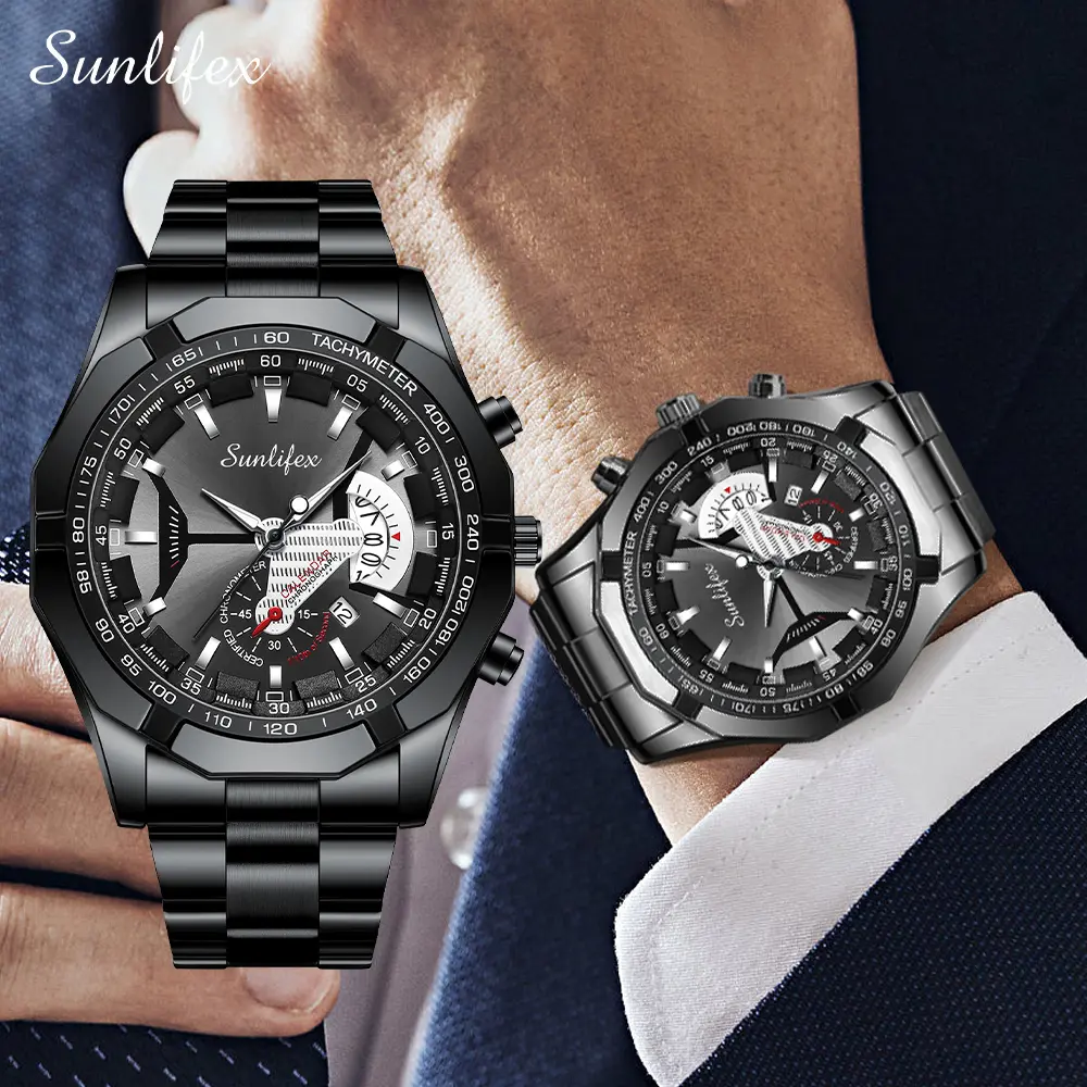 【003Harga telah diganti, cepat beli】Sunlifex Jam Tangan Pria  Original Kuarsa Kalender Tali Stainless Steel Jam Tangan Cowok  Watches  SL9094
