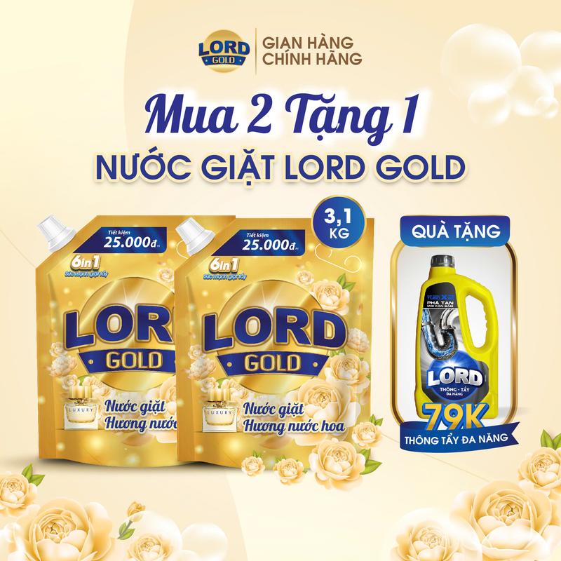 MUA 2 TẶNG 1 Nước Giặt Xả Quần Áo LORD GOLD - Hương Nước Hoa Lưu Hương 72H Dịu Nhẹ An Toàn Cho Da Sạch Sâu Giữ Màu Quần Áo Thơm Lâu Tiết Kiệm Tặng Chai Thông Tắc Cống Đa Năng 1KG