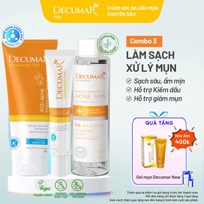 Bộ 3 hỗ trợ  kiểm soát dầu ngừa mụn Decumar THC (1 Sữa rửa mặt Decumar THC 50g, 1 Tẩy trang Decumar 250ml, 1 Gel mụn Decumar THC) - DSM02, NTT01, THC03