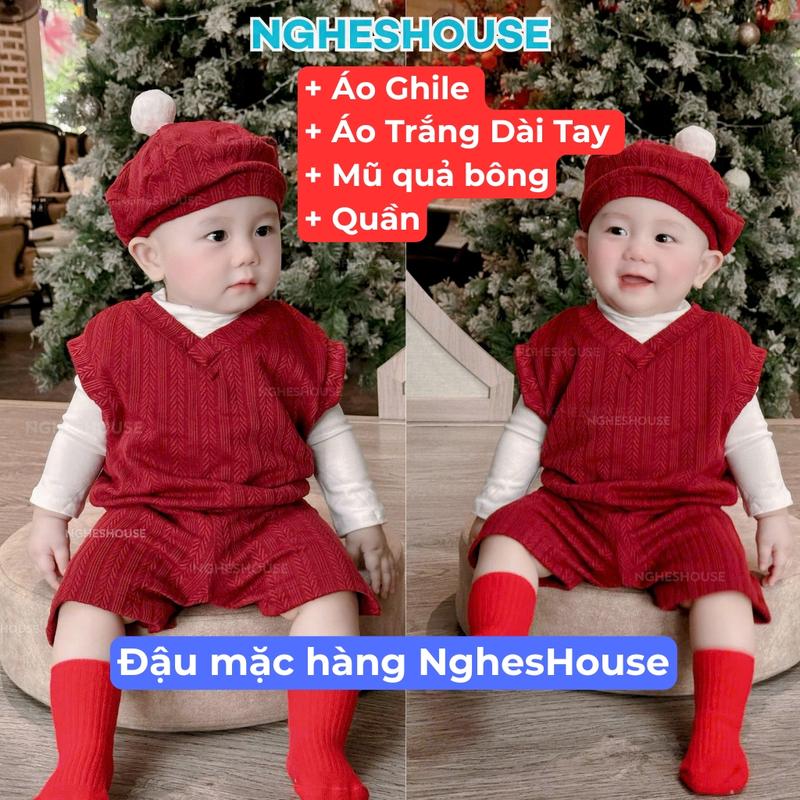 CÓ SẴN Set 4 Món TẾT Phối Đỏ Trắng Tặng Mũ Nồi Chất Len Cực Xinh Dành Cho Bé Trai Bé Gái NO4